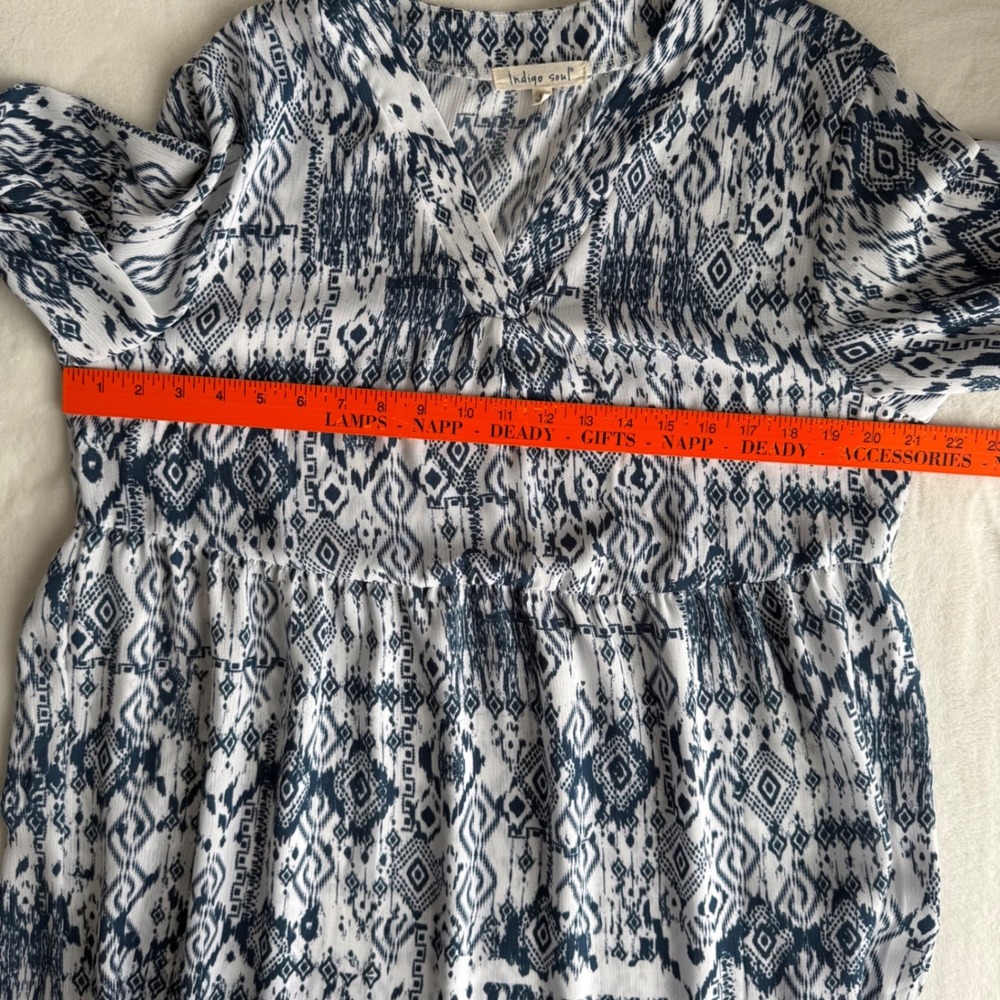 Indigo Soul Women's Midi Summer Dress Large Aztec Blue White Artsy Boho Coastal - Picture 11 of 13